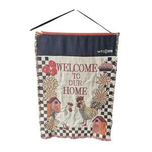 Vtg Tapestry Wall Hanging Chicken Farm Decor Welcome To Our Home Hanger 1995